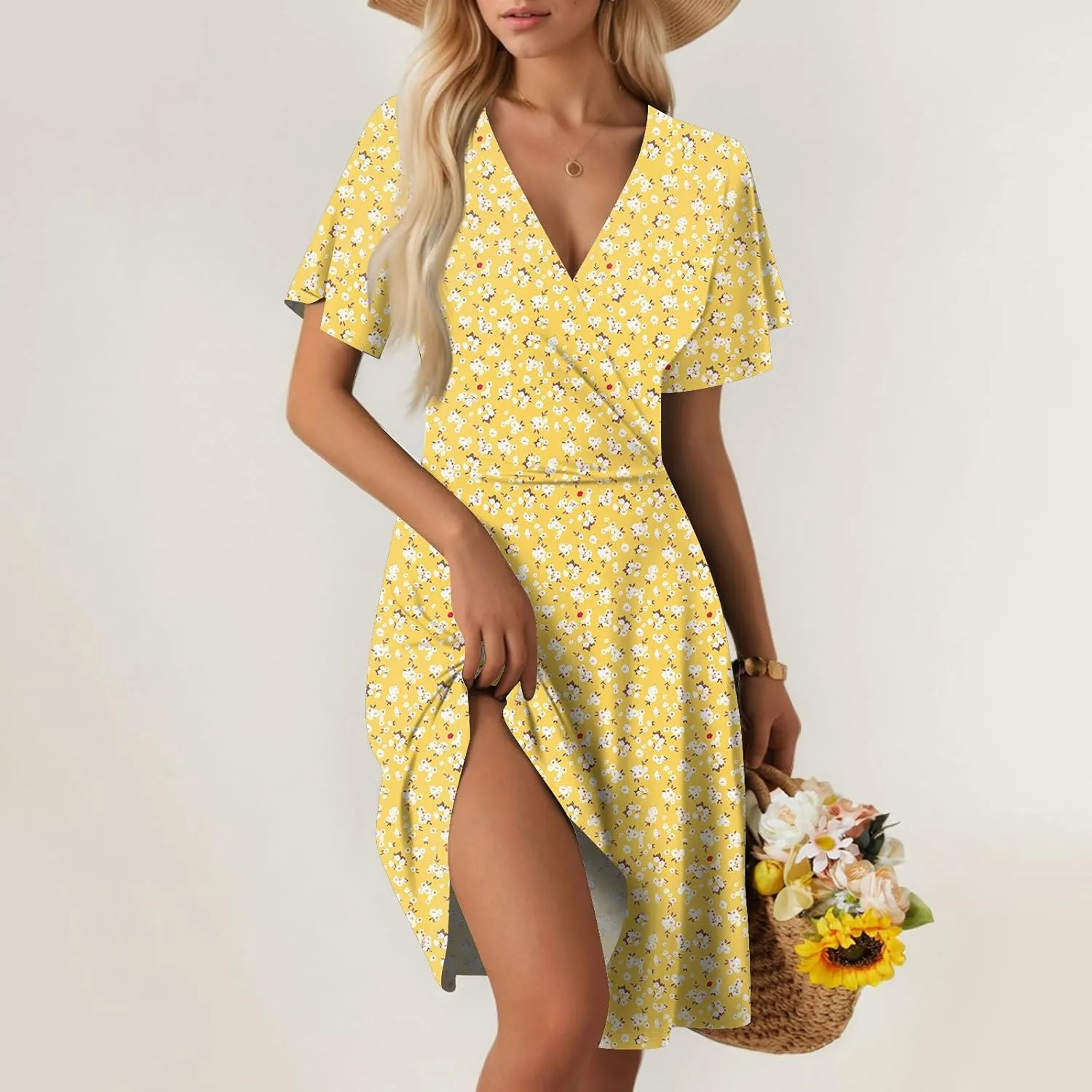 Floral Dress for Women Wrap V Neck Short Sleeve Midi Dress Casual Summer A Line Flowy Cotton Boho Beach Sun Dresses