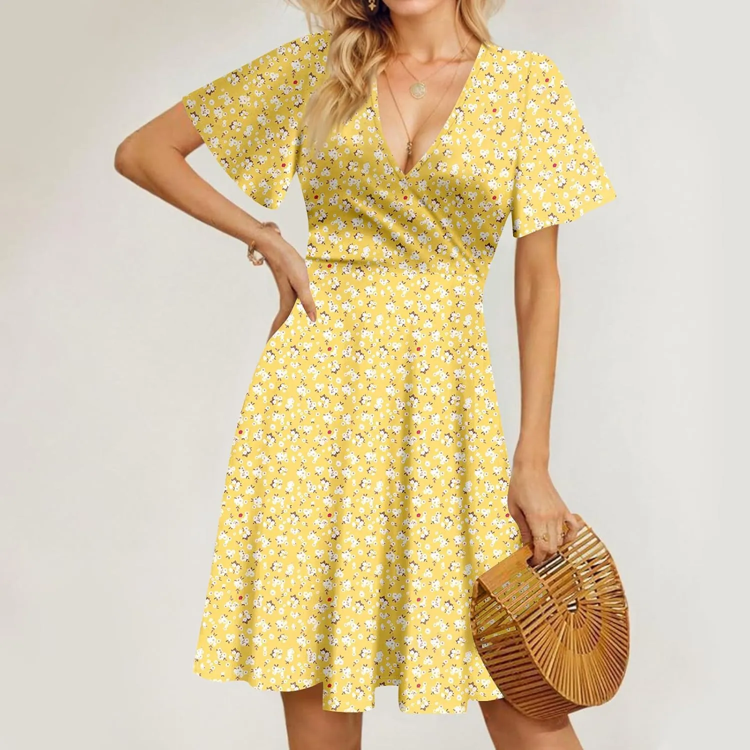 Floral Dress for Women Wrap V Neck Short Sleeve Midi Dress Casual Summer A Line Flowy Cotton Boho Beach Sun Dresses