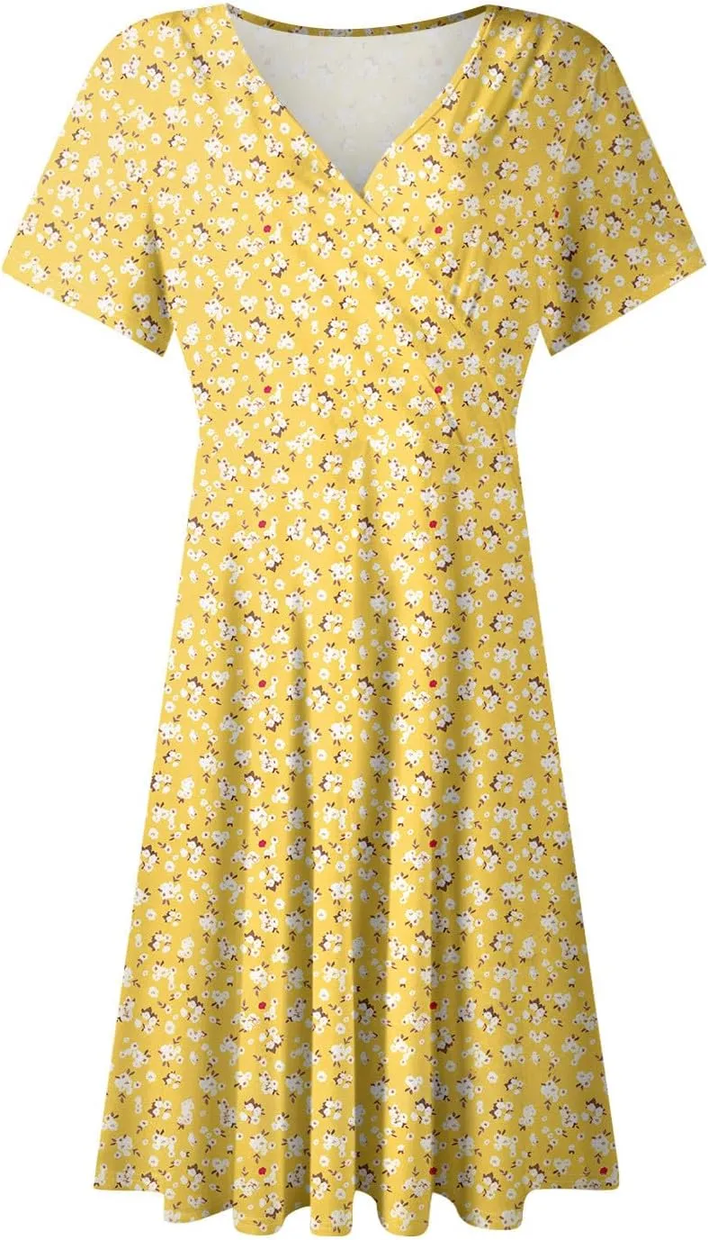 Floral Dress for Women Wrap V Neck Short Sleeve Midi Dress Casual Summer A Line Flowy Cotton Boho Beach Sun Dresses