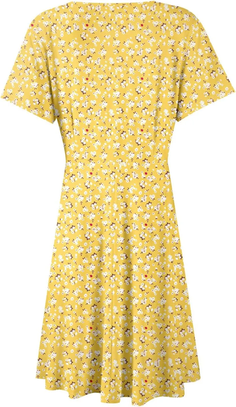 Floral Dress for Women Wrap V Neck Short Sleeve Midi Dress Casual Summer A Line Flowy Cotton Boho Beach Sun Dresses