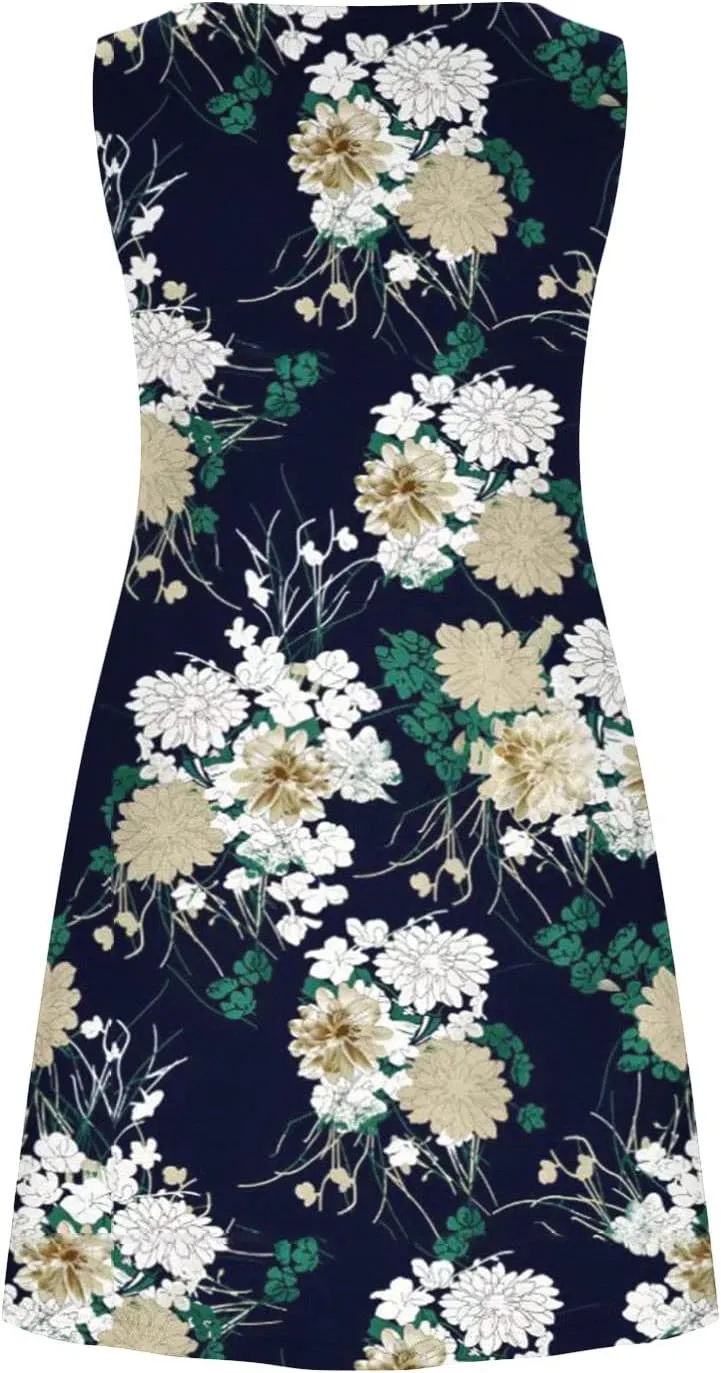 Floral Dresses for Women 2024 Casual Crew Neck Sundresses with Pockets Loose A Line Short Summer Dresses Beach Dress