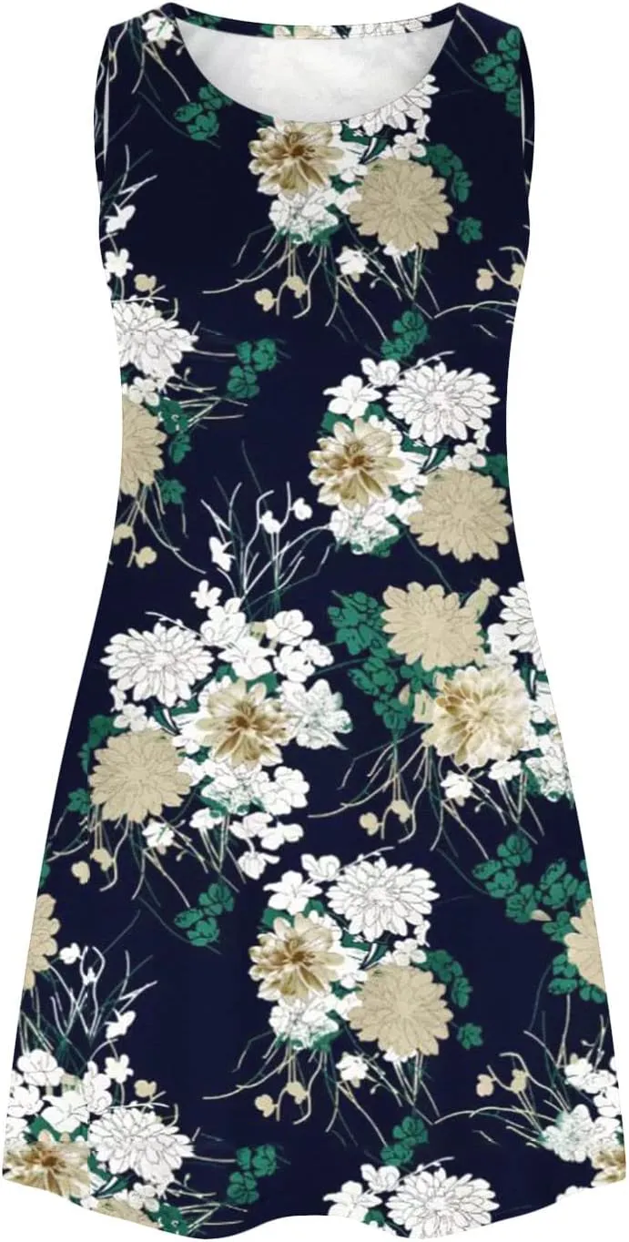Floral Dresses for Women 2024 Casual Crew Neck Sundresses with Pockets Loose A Line Short Summer Dresses Beach Dress