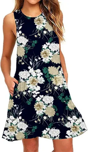 Floral Dresses for Women 2024 Casual Crew Neck Sundresses with Pockets Loose A Line Short Summer Dresses Beach Dress