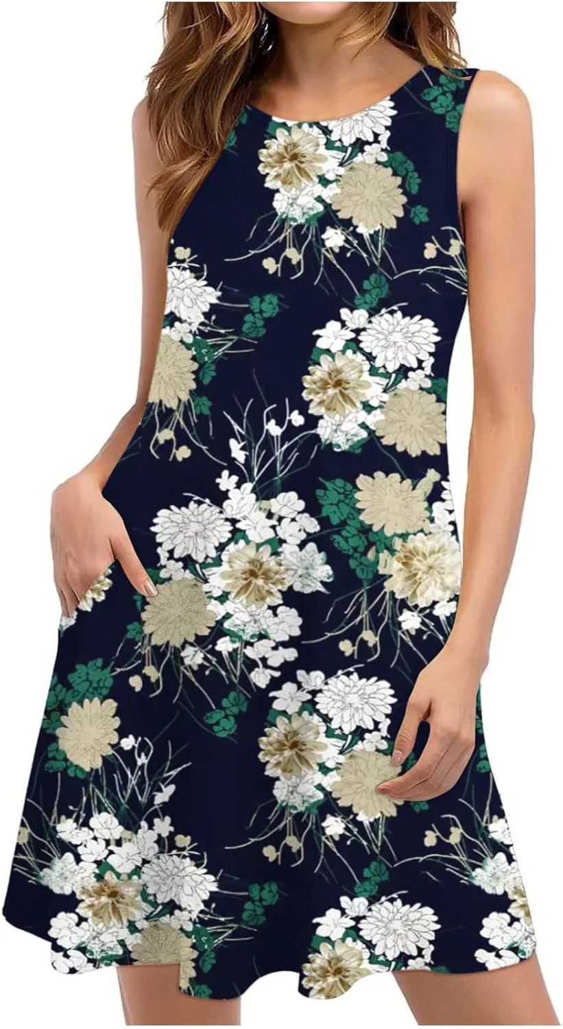 Floral Dresses for Women 2024 Casual Crew Neck Sundresses with Pockets Loose A Line Short Summer Dresses Beach Dress