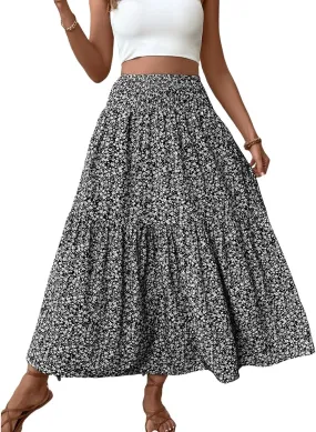 Floral Maxi Skirt for Women Tiered Elastic High Waisted Skirts Casual Summer Vacation A-Line Flowy Swing Long Skirts