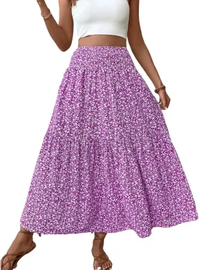 Floral Maxi Skirt for Women Tiered Elastic High Waisted Skirts Casual Summer Vacation A-Line Flowy Swing Long Skirts