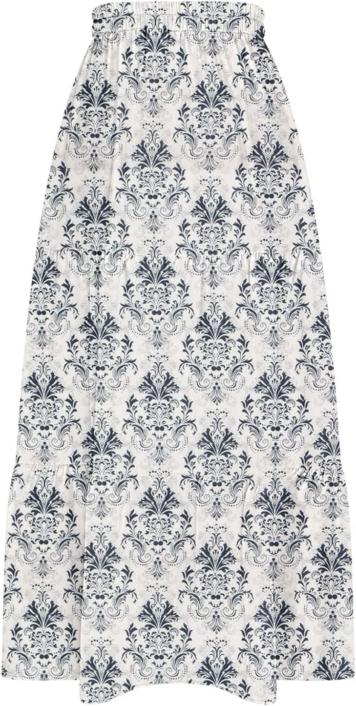 Floral Maxi Skirts for Women Summer Elastic High Waisted Flowy A Line Casual Boho Slit Long Beach Vacation Skirt