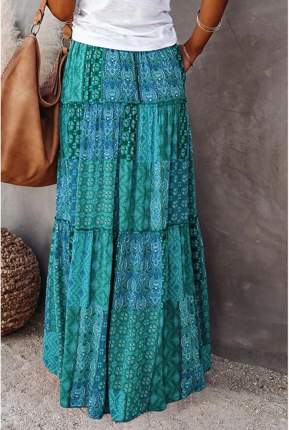 Floral Maxi Skirts for Women Trendy Summer Elastic High Waisted Long Skirts Tiered Flowy Swing A Line Skirt w/Pockets