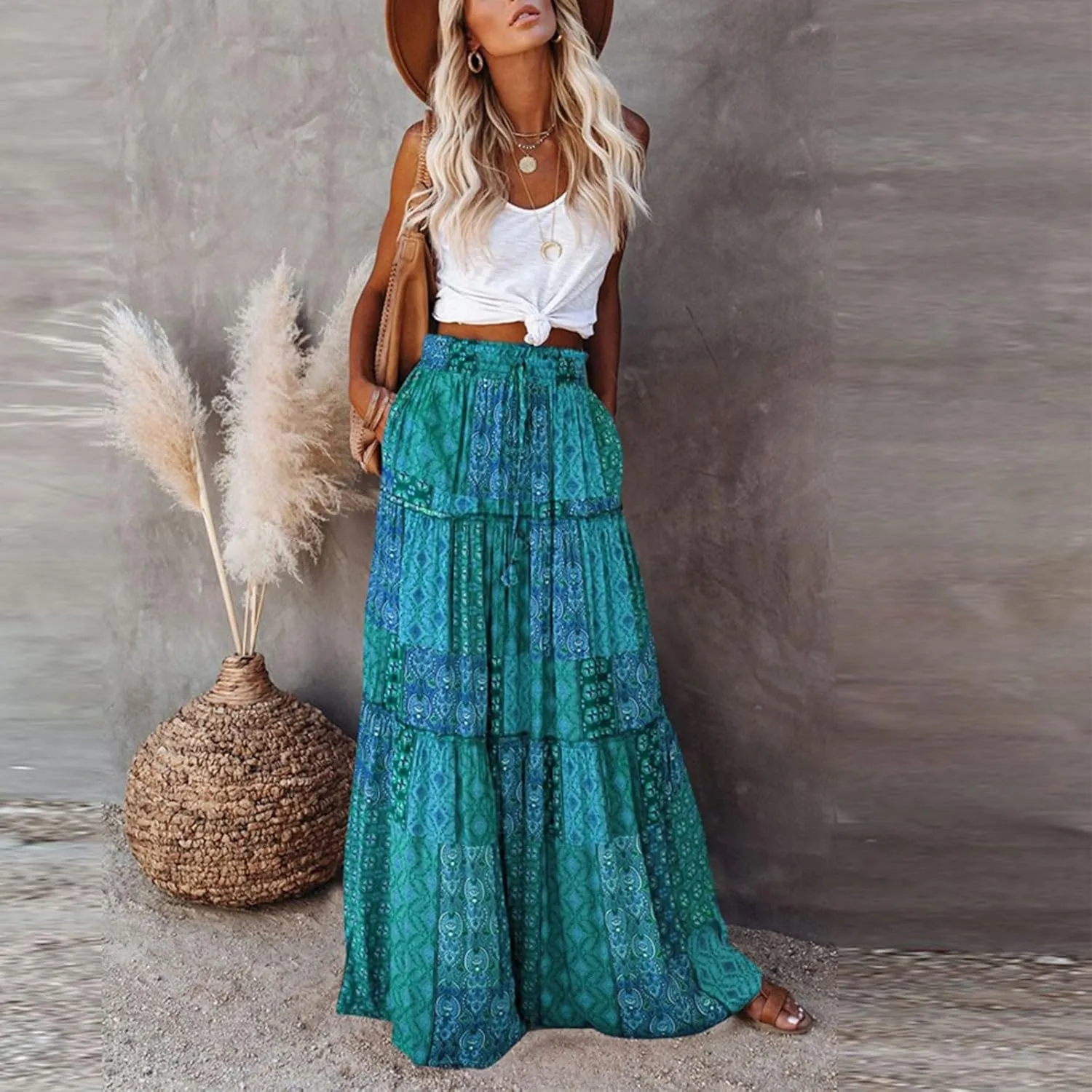 Floral Maxi Skirts for Women Trendy Summer Elastic High Waisted Long Skirts Tiered Flowy Swing A Line Skirt w/Pockets