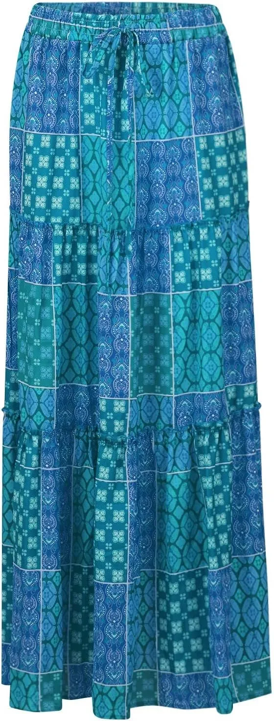 Floral Maxi Skirts for Women Trendy Summer Elastic High Waisted Long Skirts Tiered Flowy Swing A Line Skirt w/Pockets