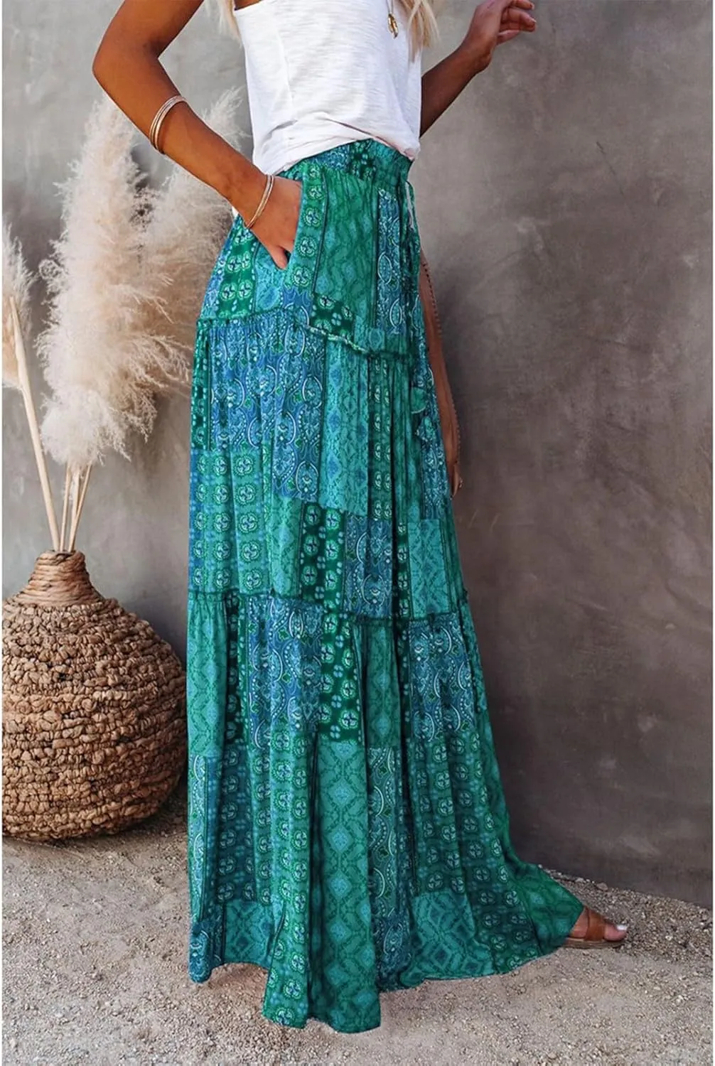 Floral Maxi Skirts for Women Trendy Summer Elastic High Waisted Long Skirts Tiered Flowy Swing A Line Skirt w/Pockets