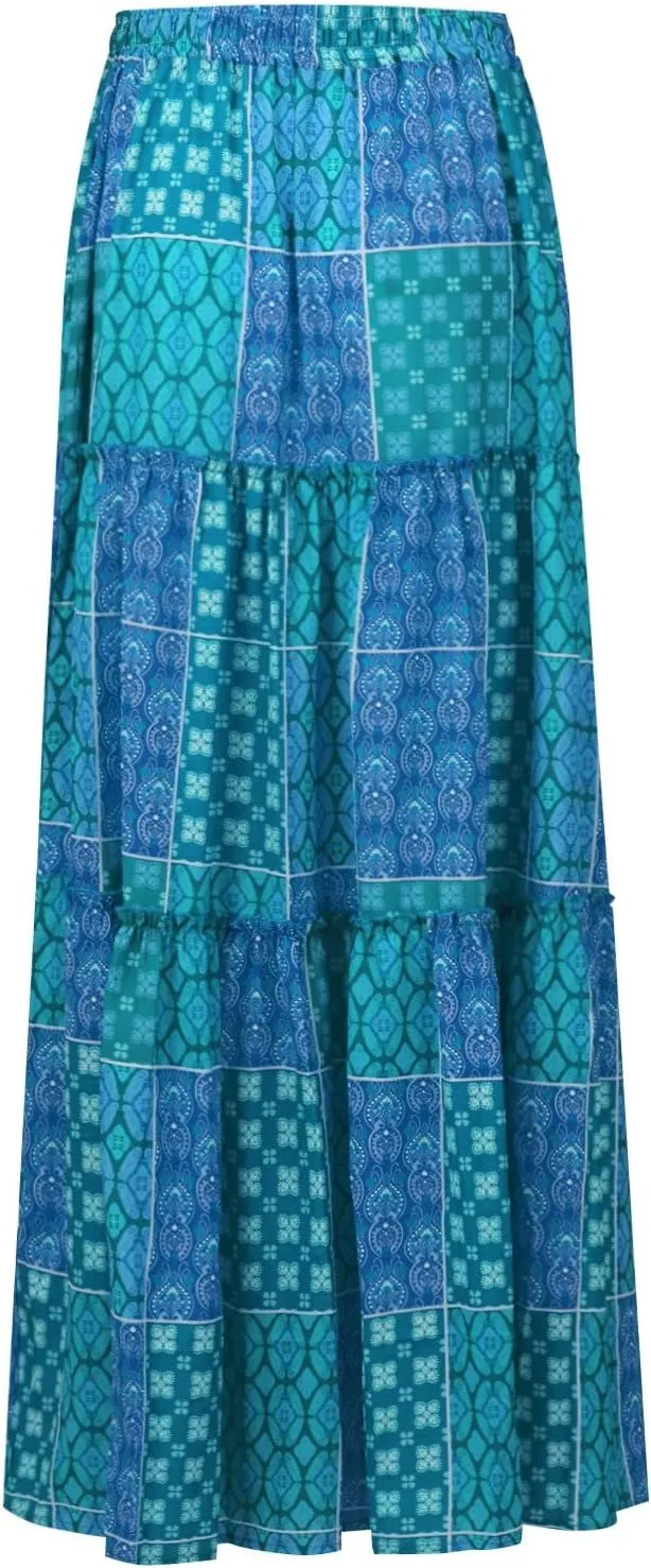 Floral Maxi Skirts for Women Trendy Summer Elastic High Waisted Long Skirts Tiered Flowy Swing A Line Skirt w/Pockets