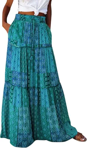 Floral Maxi Skirts for Women Trendy Summer Elastic High Waisted Long Skirts Tiered Flowy Swing A Line Skirt w/Pockets