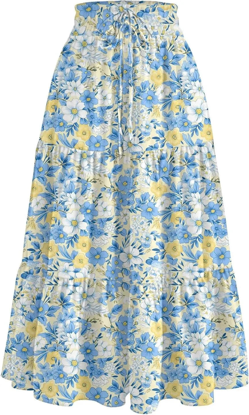 Floral Midi Skirt for Women Summer Comfy Tiered Elastic High Waisted Vacation A-Line Flowy Swing Long