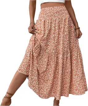 Floral Skirts for Women 2025 Spring Summer Trendy Elastic Waist Maxi Skirts Flowy Bohemian Ruffle Skirt with Pockets
