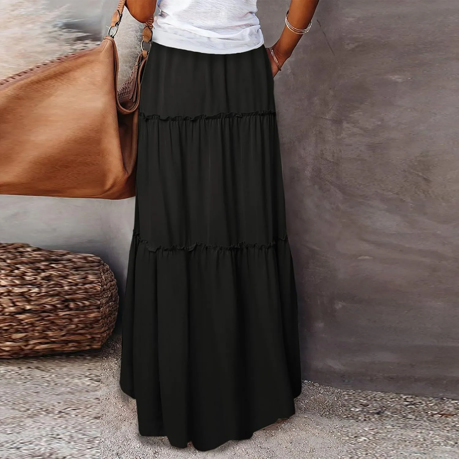 Flowy Maxi Skirts for Women High Waisted Tiered Long Skirt Ladies Soft Drawstring Casual Ruffle Skirts