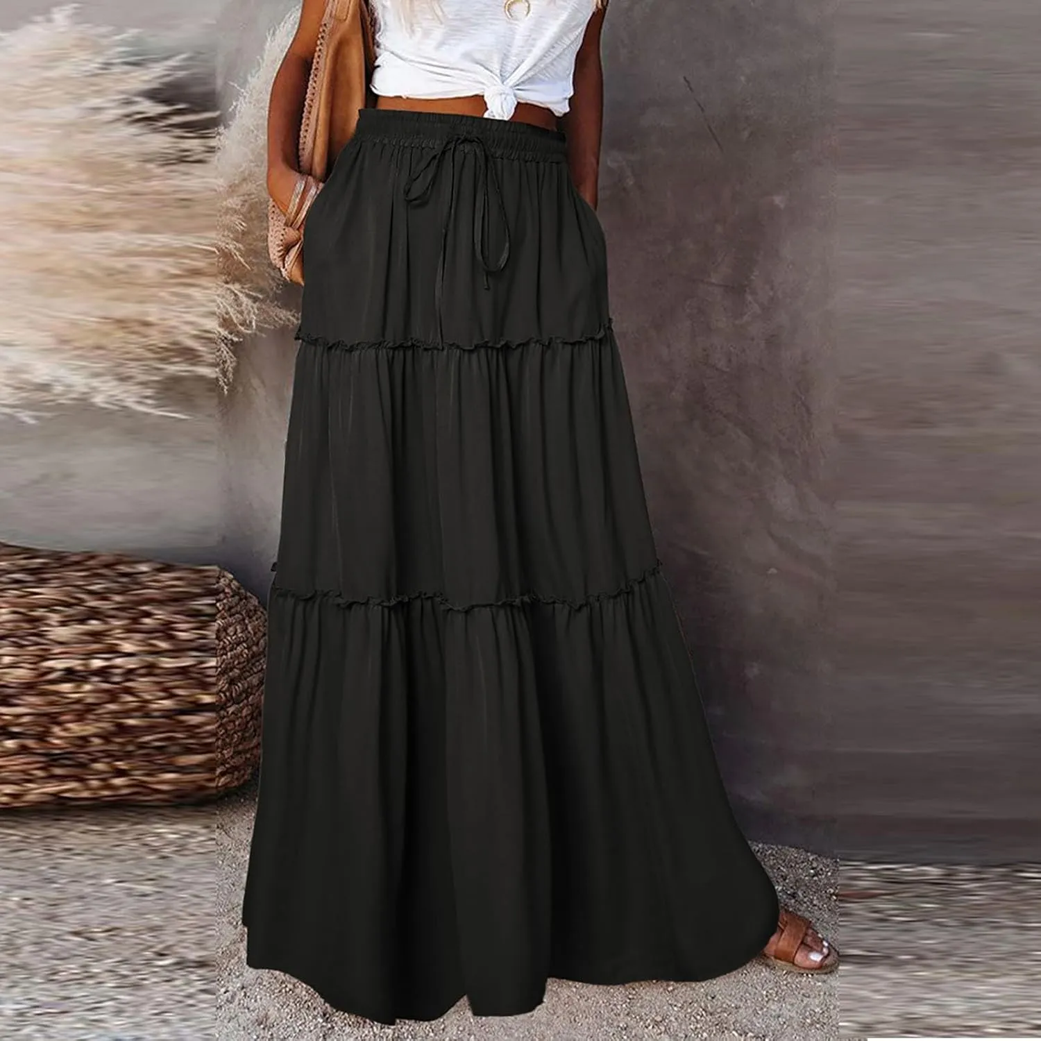 Flowy Maxi Skirts for Women High Waisted Tiered Long Skirt Ladies Soft Drawstring Casual Ruffle Skirts