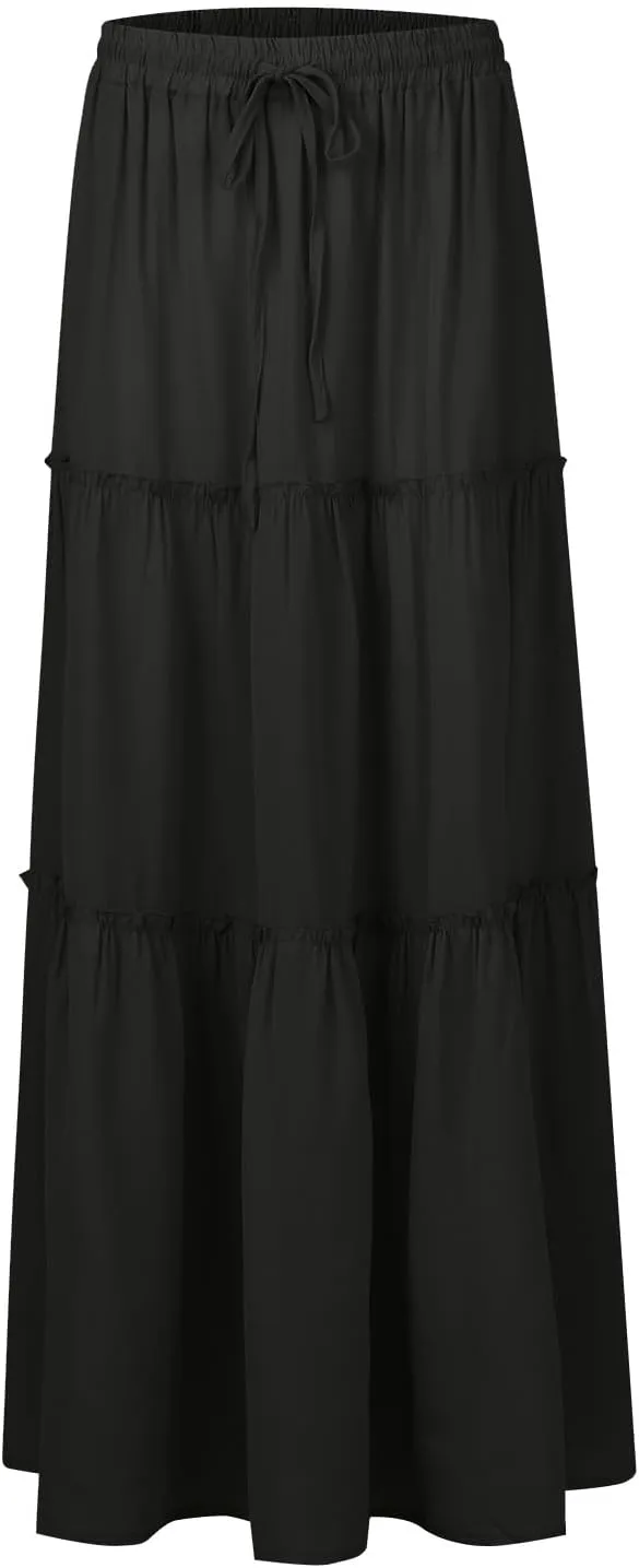 Flowy Maxi Skirts for Women High Waisted Tiered Long Skirt Ladies Soft Drawstring Casual Ruffle Skirts