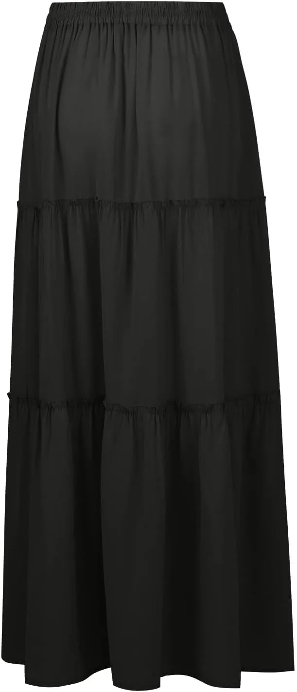 Flowy Maxi Skirts for Women High Waisted Tiered Long Skirt Ladies Soft Drawstring Casual Ruffle Skirts