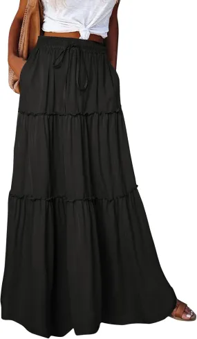 Flowy Maxi Skirts for Women High Waisted Tiered Long Skirt Ladies Soft Drawstring Casual Ruffle Skirts