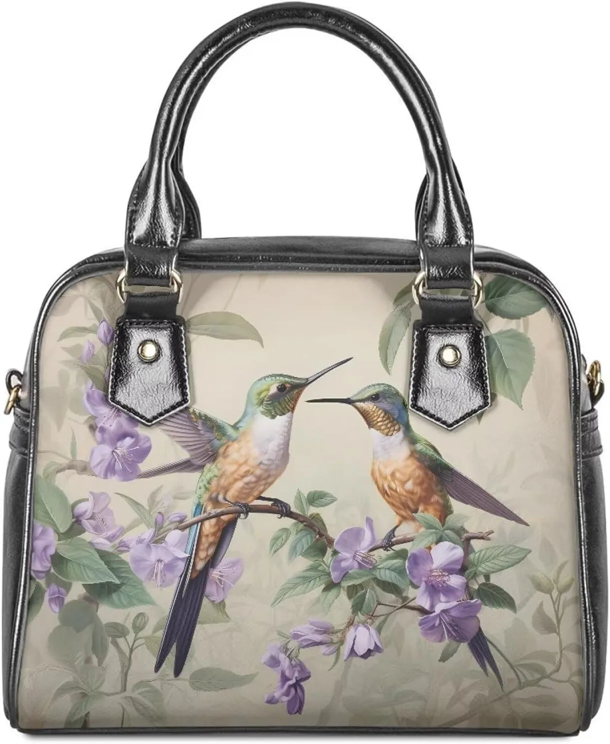 Forchrinse Retro Hummingbird Purple Floral Womens Handbags Top Handle Satchel Purse Crossbody Shoulder Bag Leather Hobo Bag