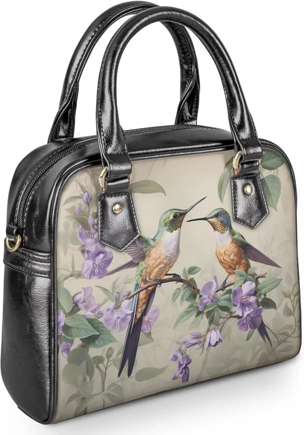 Forchrinse Retro Hummingbird Purple Floral Womens Handbags Top Handle Satchel Purse Crossbody Shoulder Bag Leather Hobo Bag