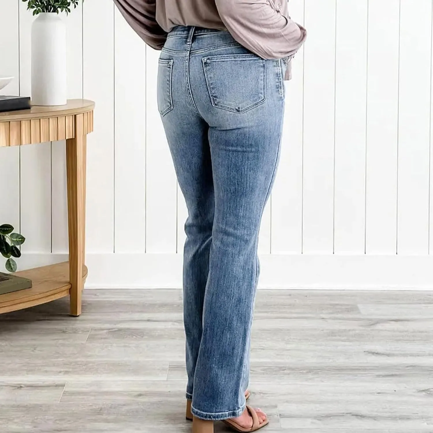FZVYD Butt Lifting Bootcut Jeans Straight Leg Stretchy Curvy Tummy Control Trendy Denim Jeans High Waisted Slim Fit Jeans
