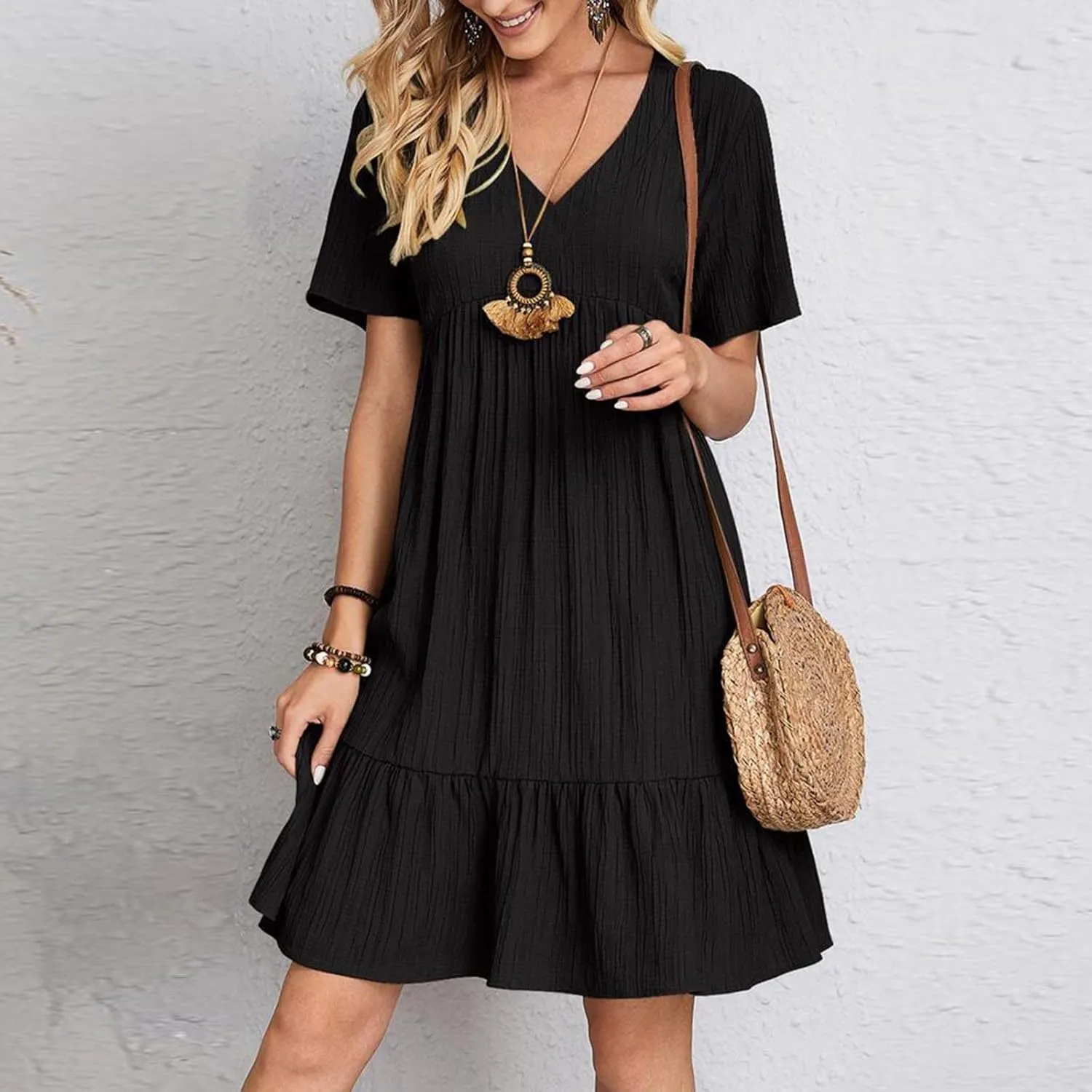 FZYLQY Womens Summer V Neck Dress 2025 Casual Short Sleeve Bohemian Mini Dress Flowy Ruffle A Line Beach Sundress for Ladies