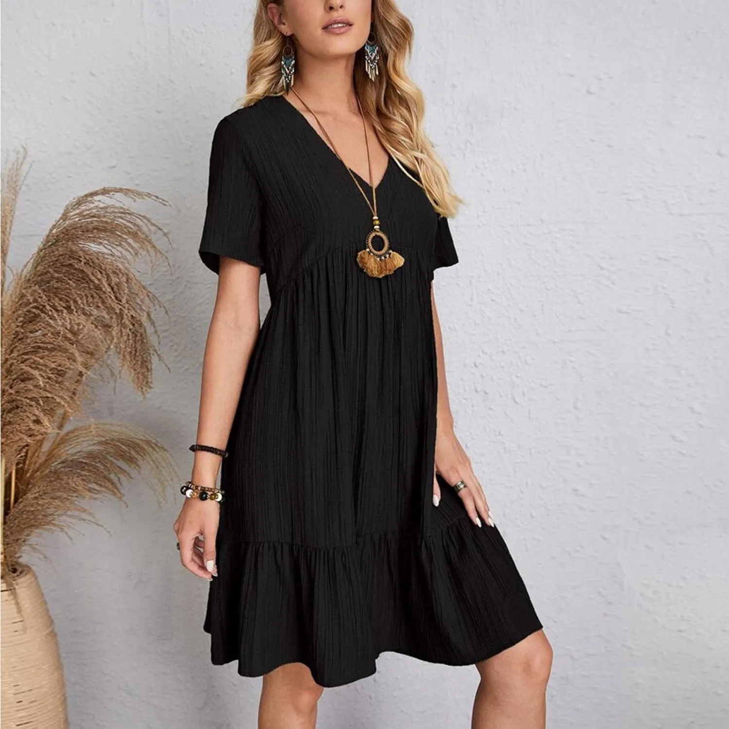 FZYLQY Womens Summer V Neck Dress 2025 Casual Short Sleeve Bohemian Mini Dress Flowy Ruffle A Line Beach Sundress for Ladies