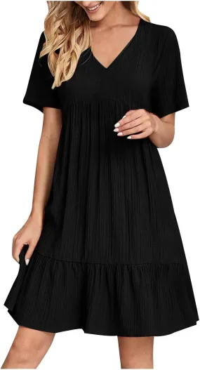 FZYLQY Womens Summer V Neck Dress 2025 Casual Short Sleeve Bohemian Mini Dress Flowy Ruffle A Line Beach Sundress for Ladies