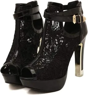 getmorebeauty Women's Pretty Lace Flowers Open Toes High Heels Ankle Boots