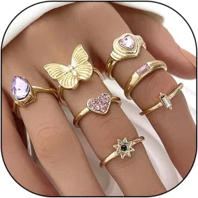 GIGB PBDK Boho Chunky Stackable Knuckle Rings for Women Lover,Colorful Crystal Butterfly Heart Ring Set Joint Finger Nail Rings Jewelry Accessories Gift