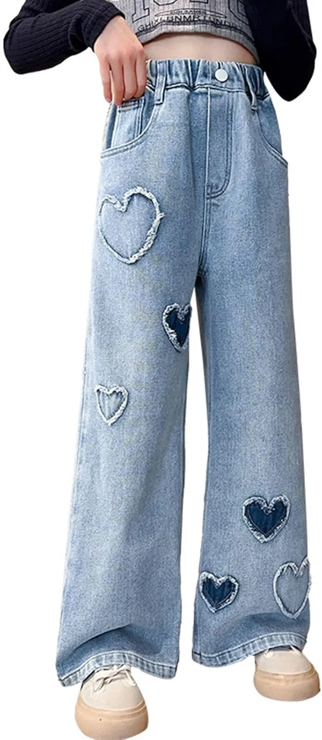 Girls Baggy Jeans Casual Wide Leg Denim Pants Jeans Kids Clothes Trousers Vintage Streetwear with Pockets