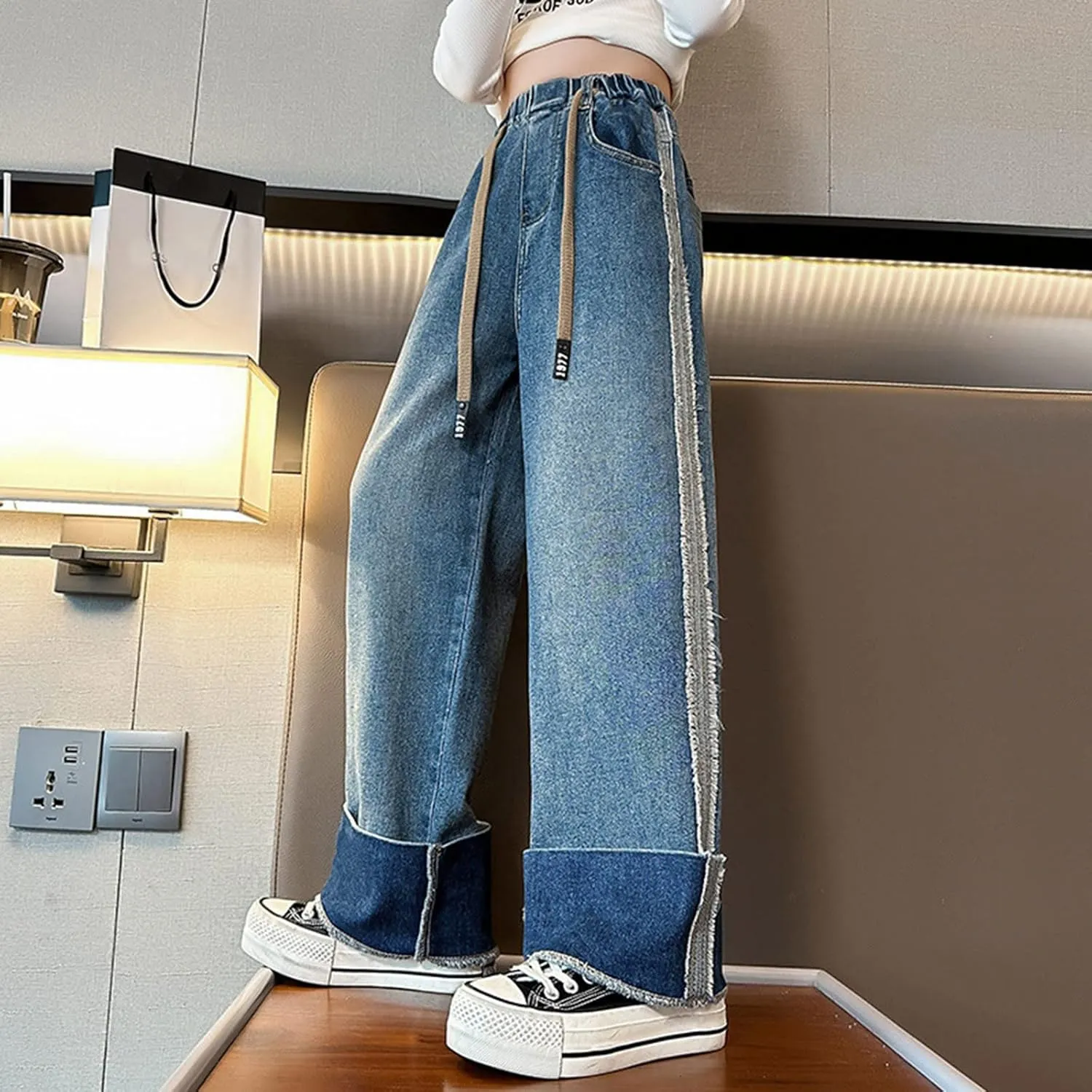 Girls Baggy Jeans Casual Wide Leg Denim Pants Jeans Kids Clothes Trousers Vintage Streetwear with Pockets