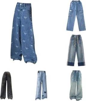 Girls Baggy Jeans Casual Wide Leg Denim Pants Jeans Kids Clothes Trousers Vintage Streetwear with Pockets