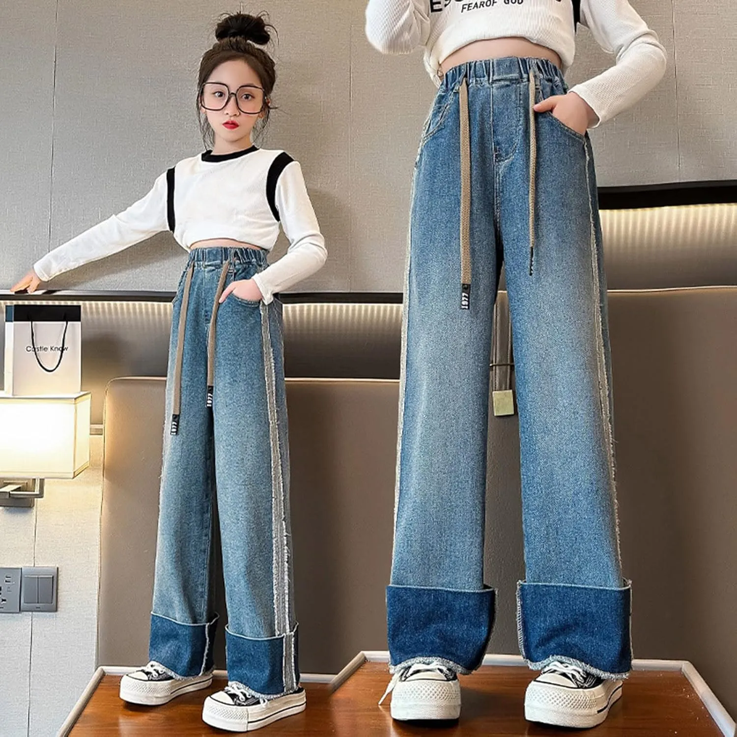 Girls Baggy Jeans Casual Wide Leg Denim Pants Jeans Kids Clothes Trousers Vintage Streetwear with Pockets