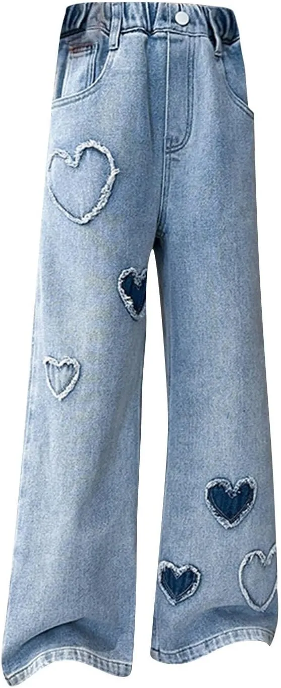 Girls Baggy Jeans Casual Wide Leg Denim Pants Jeans Kids Clothes Trousers Vintage Streetwear with Pockets