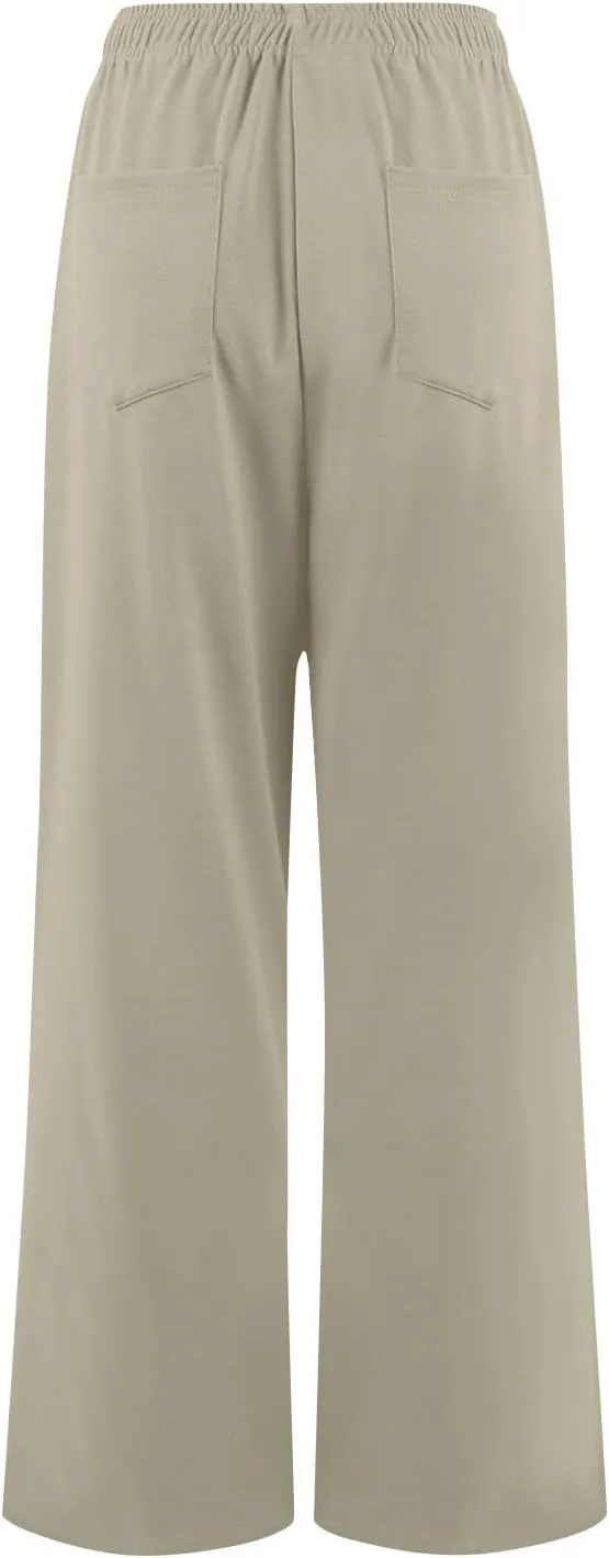 GOFULY Womens Pants Lightweight Straight Wide Leg High Waisted Casual Pants Elastic Waist Drawstring Trousers with Pockets