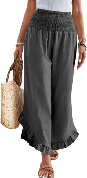 GOFULY Womens Pants Linen Wide Leg Summer Vacation High Waisted Palazzo Pants Elastic Waist Loose Solid Clothes with Pockets
