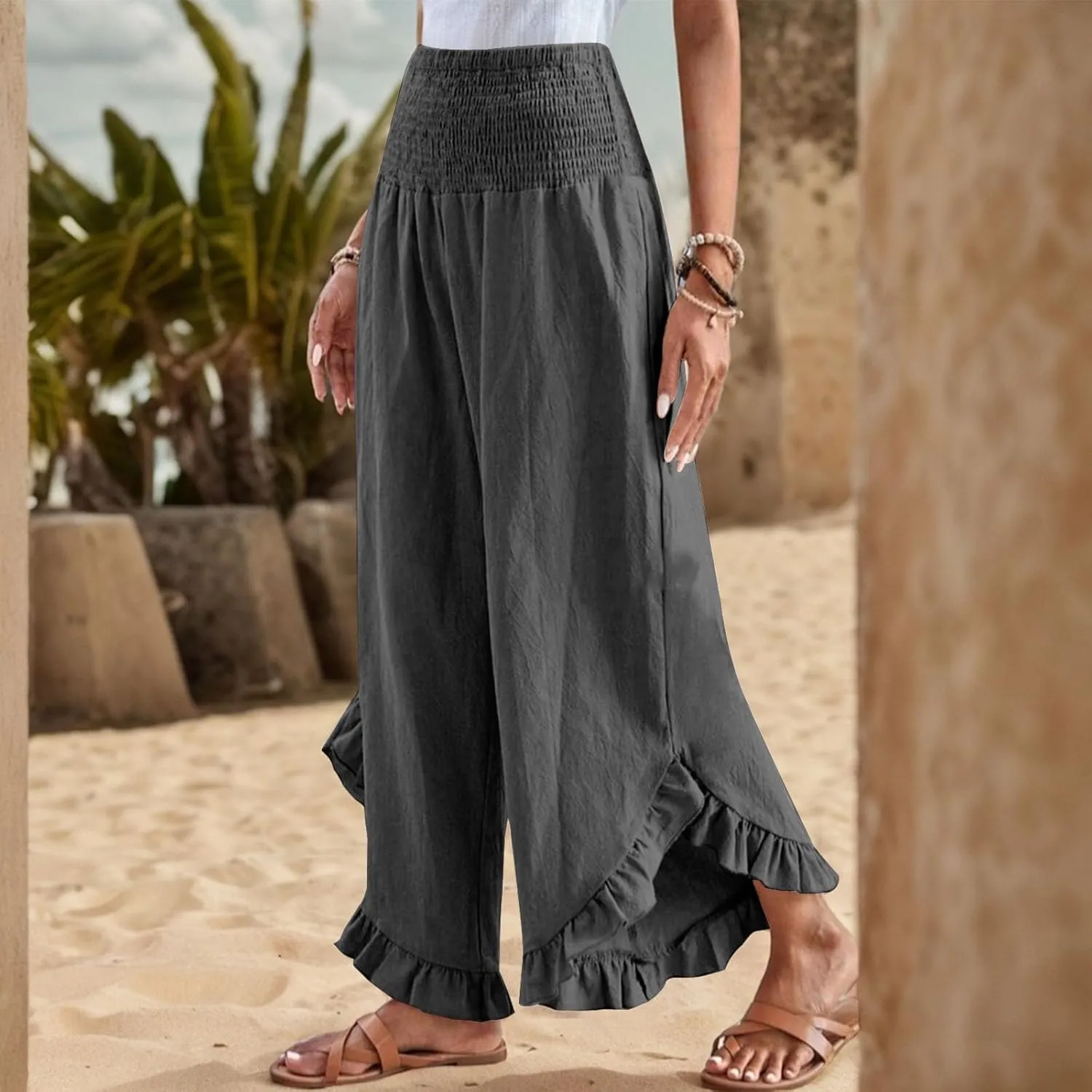 GOFULY Womens Pants Linen Wide Leg Summer Vacation High Waisted Palazzo Pants Elastic Waist Loose Solid Clothes with Pockets