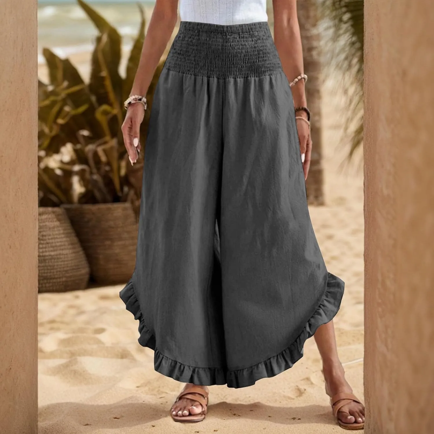 GOFULY Womens Pants Linen Wide Leg Summer Vacation High Waisted Palazzo Pants Elastic Waist Loose Solid Clothes with Pockets