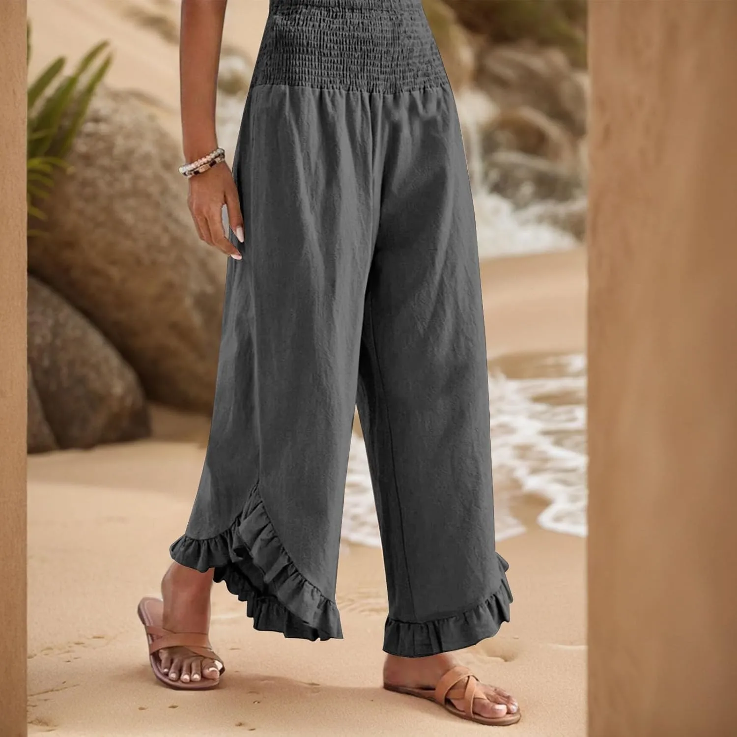 GOFULY Womens Pants Linen Wide Leg Summer Vacation High Waisted Palazzo Pants Elastic Waist Loose Solid Clothes with Pockets