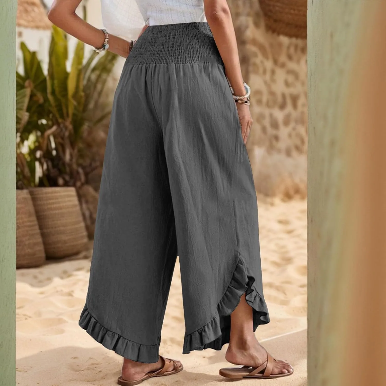 GOFULY Womens Pants Linen Wide Leg Summer Vacation High Waisted Palazzo Pants Elastic Waist Loose Solid Clothes with Pockets