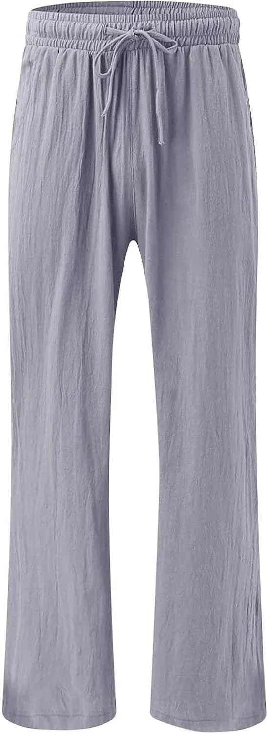 GOKKILRW Womens Linen Trouser Pants Drawstring Elastic Waist Wide Leg Pants Baggy Casual Dress Trousers Office Work Slacks