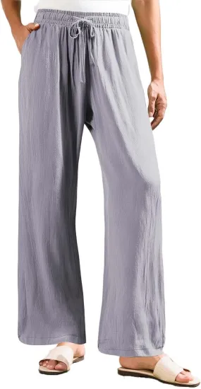 GOKKILRW Womens Linen Trouser Pants Drawstring Elastic Waist Wide Leg Pants Baggy Casual Dress Trousers Office Work Slacks