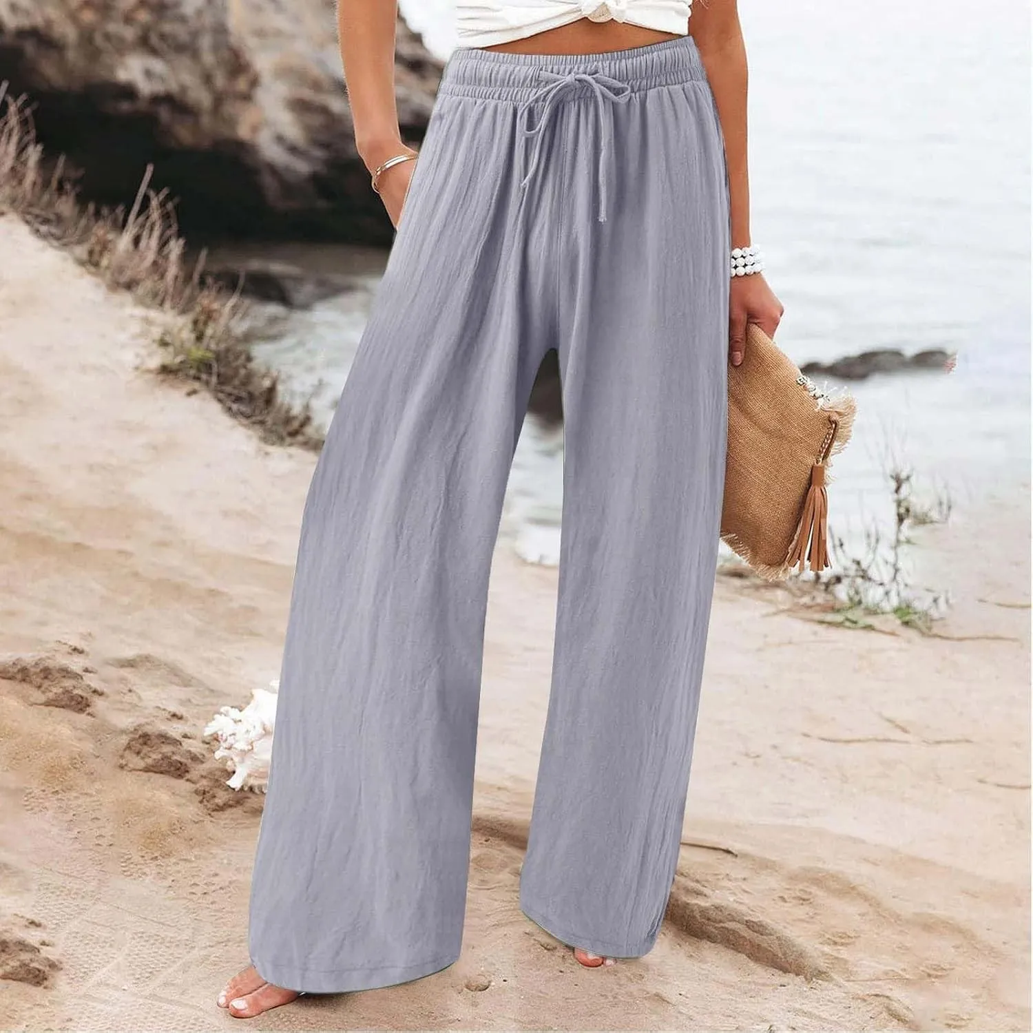 GOKKILRW Womens Linen Trouser Pants Drawstring Elastic Waist Wide Leg Pants Baggy Casual Dress Trousers Office Work Slacks
