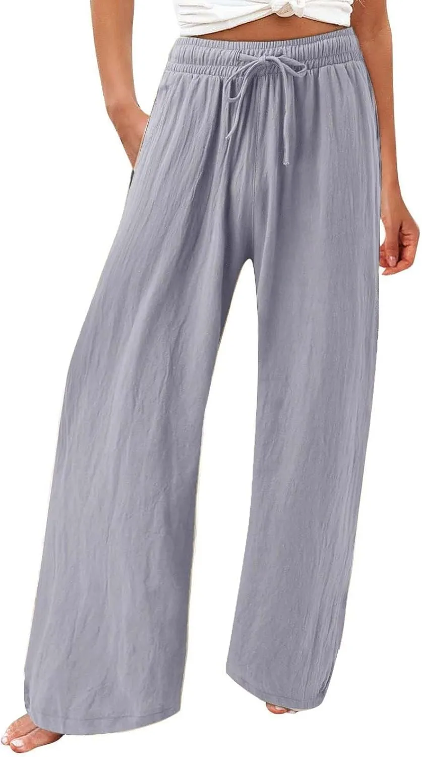 GOKKILRW Womens Linen Trouser Pants Drawstring Elastic Waist Wide Leg Pants Baggy Casual Dress Trousers Office Work Slacks