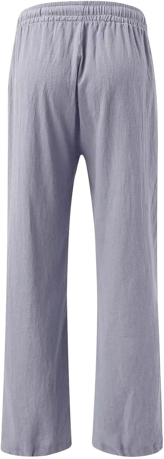 GOKKILRW Womens Linen Trouser Pants Drawstring Elastic Waist Wide Leg Pants Baggy Casual Dress Trousers Office Work Slacks