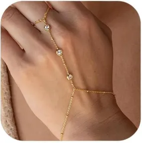 Gold Bracelets For Women With Crystal Zircon Hand Chain Ring Dainty Finger Jewelry
