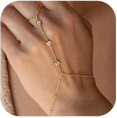 Gold Bracelets For Women With Crystal Zircon Hand Chain Ring Dainty Finger Jewelry